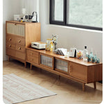 Stylish TV Cabinet - Natural Cherry Wood, Beech, Metal, and Glass Finish hldmz-727