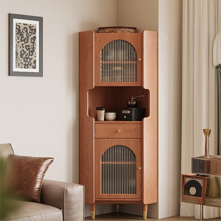 Stylish Glass Ash Wood Corner Cabinet for Modern Living Rooms hlxl-4403