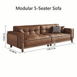 Vintage Brown Leather Sofa, Block-Style Straight Couch with Ash Wood Frame for Living Room hly-3034