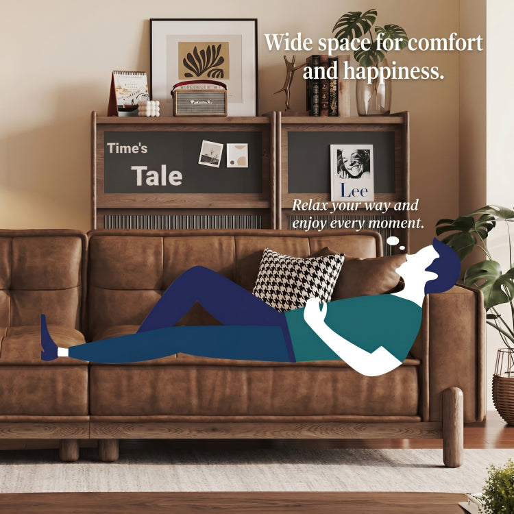 Vintage Brown Leather Sofa, Block-Style Straight Couch with Ash Wood Frame for Living Room hly-3034