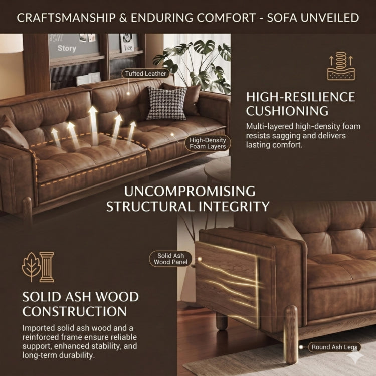 Vintage Brown Leather Sofa, Block-Style Straight Couch with Ash Wood Frame for Living Room hly-3034