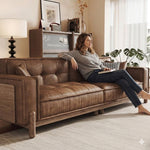 Vintage Brown Leather Sofa, Block-Style Straight Couch with Ash Wood Frame for Living Room hly-3034
