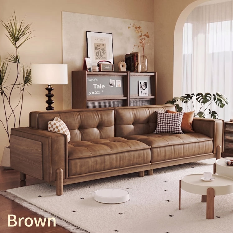 Vintage Brown Leather Sofa, Block-Style Straight Couch with Ash Wood Frame for Living Room hly-3034