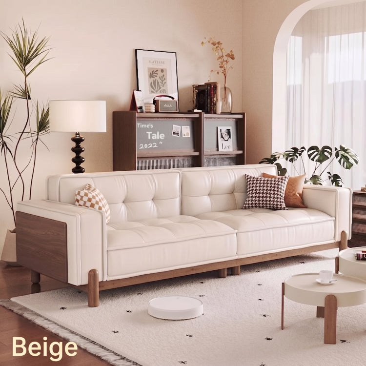 Vintage Brown Leather Sofa, Block-Style Straight Couch with Ash Wood Frame for Living Room hly-3034