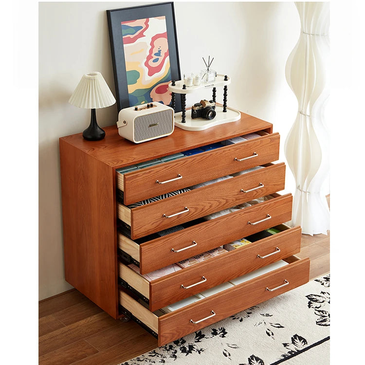 Modern Ash Wood Drawer Cabinet with Stainless Steel Handles – Sleek Storage Solution hmr-4763