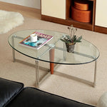 Sleek Glass Oval Coffee Table with Ash Wood & Stainless Steel Accents - Modern Living Room Design hmr-4774