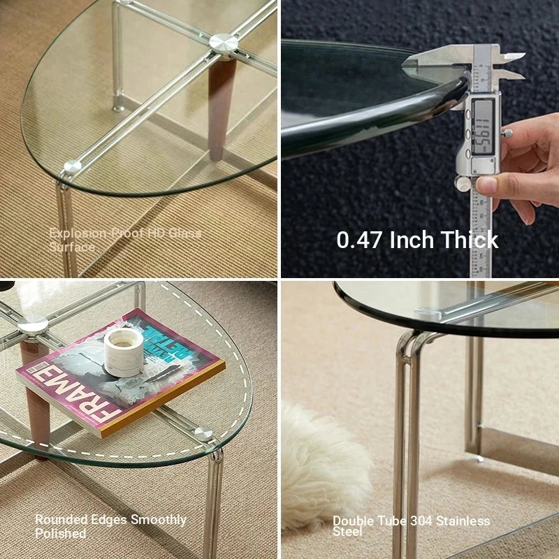 Sleek Glass Oval Coffee Table with Ash Wood & Stainless Steel Accents - Modern Living Room Design hmr-4774