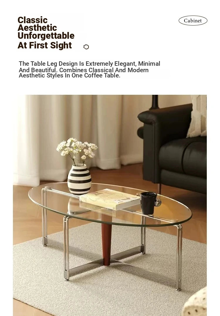Sleek Glass Oval Coffee Table with Ash Wood & Stainless Steel Accents - Modern Living Room Design hmr-4774