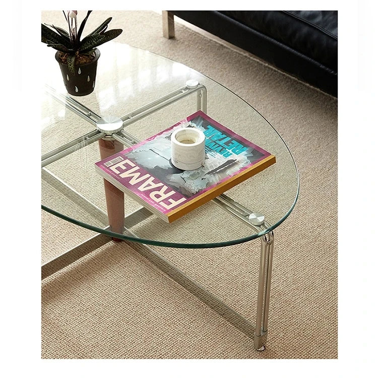 Sleek Glass Oval Coffee Table with Ash Wood & Stainless Steel Accents - Modern Living Room Design hmr-4774