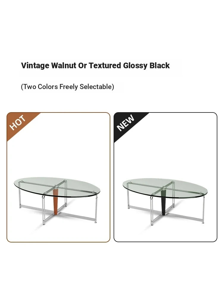Sleek Glass Oval Coffee Table with Ash Wood & Stainless Steel Accents - Modern Living Room Design hmr-4774