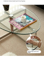 Sleek Glass Oval Coffee Table with Ash Wood & Stainless Steel Accents - Modern Living Room Design hmr-4774