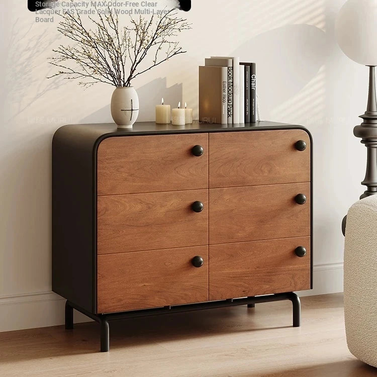 Modern Ash Wood Cabinet with Stylish Black Accents - 6-Drawer Storage Solution for Home Décor hmr-4777