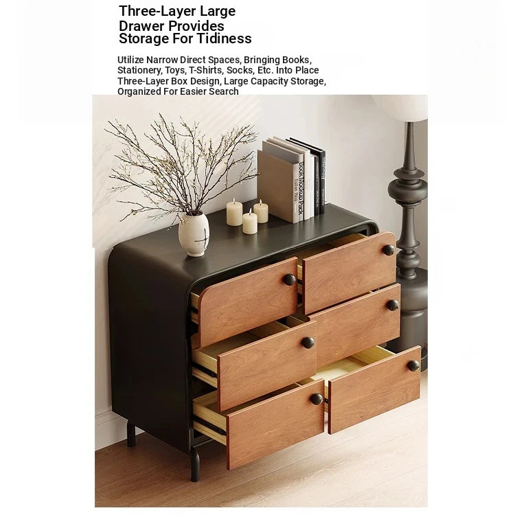 Modern Ash Wood Cabinet with Stylish Black Accents - 6-Drawer Storage Solution for Home Décor hmr-4777