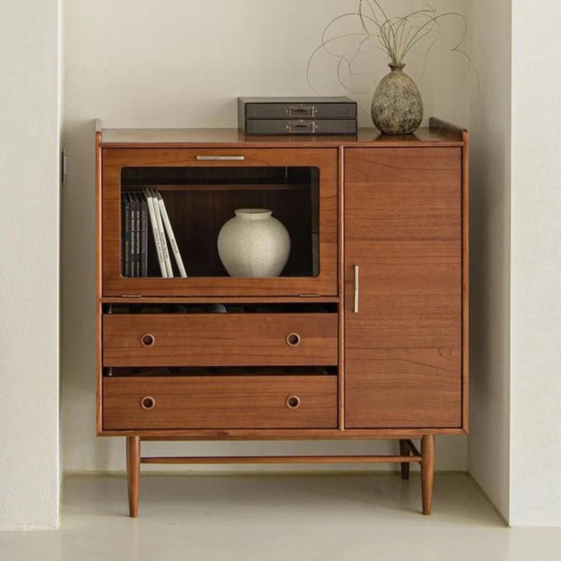 Mid-Century Modern Ash Wood Cabinet with Glass Display and Drawers - Stylish Storage Solution for Home and Office hmr-4779