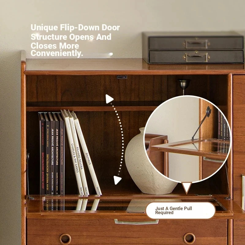 Mid-Century Modern Ash Wood Cabinet with Glass Display and Drawers - Stylish Storage Solution for Home and Office hmr-4779