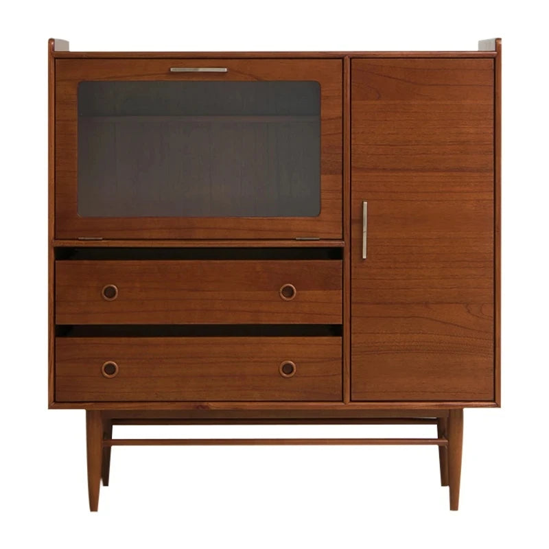 Mid-Century Modern Ash Wood Cabinet with Glass Display and Drawers - Stylish Storage Solution for Home and Office hmr-4779