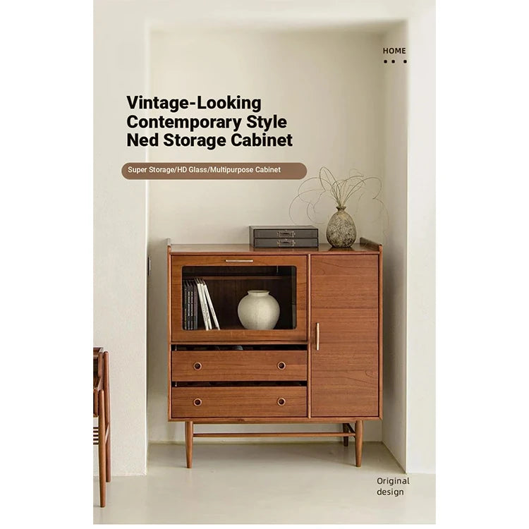 Mid-Century Modern Ash Wood Cabinet with Glass Display and Drawers - Stylish Storage Solution for Home and Office hmr-4779