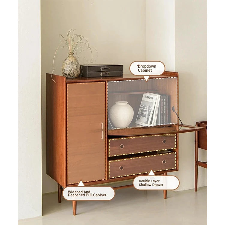Mid-Century Modern Ash Wood Cabinet with Glass Display and Drawers - Stylish Storage Solution for Home and Office hmr-4779