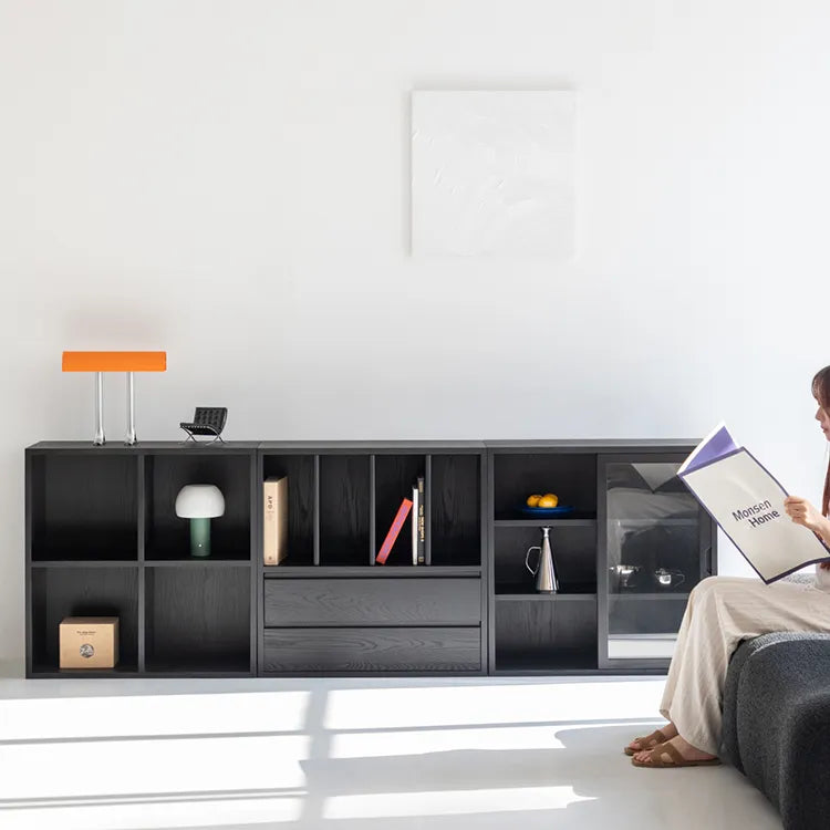 Modern Ash Wood Cabinet with Multi-Layer Shelves and Tempered Glass Doors hms-4059