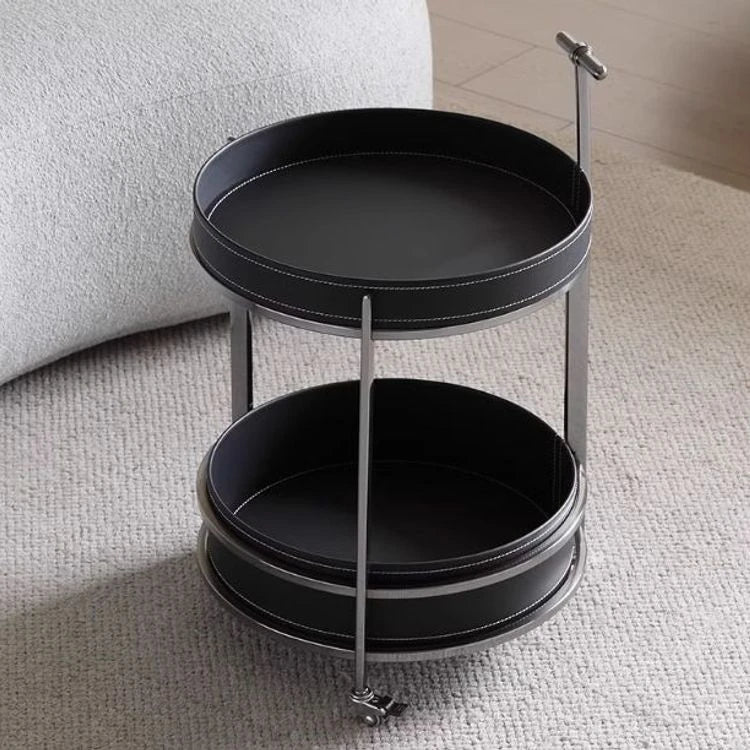 Stylish Two-Tier Round Tea Table in Synthetic Leather and Stainless Steel - Modern Home Decor Storage Solution hmx-5093