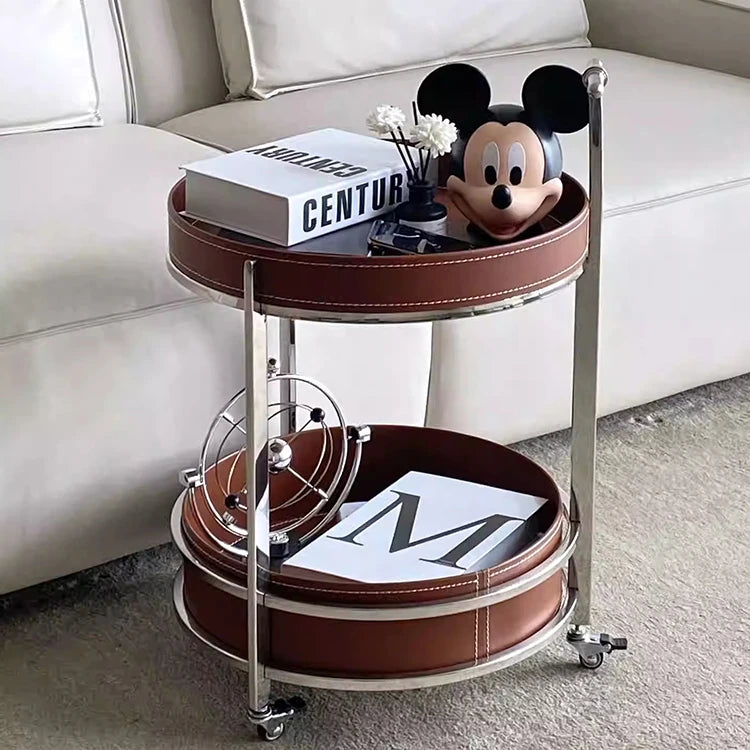 Stylish Two-Tier Round Tea Table in Synthetic Leather and Stainless Steel - Modern Home Decor Storage Solution hmx-5093