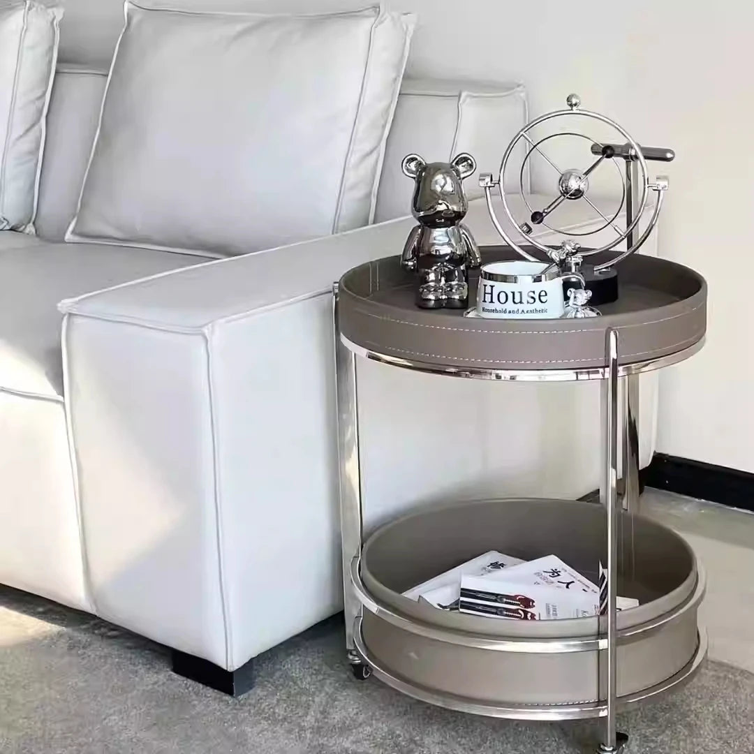 Stylish Two-Tier Round Tea Table in Synthetic Leather and Stainless Steel - Modern Home Decor Storage Solution hmx-5093