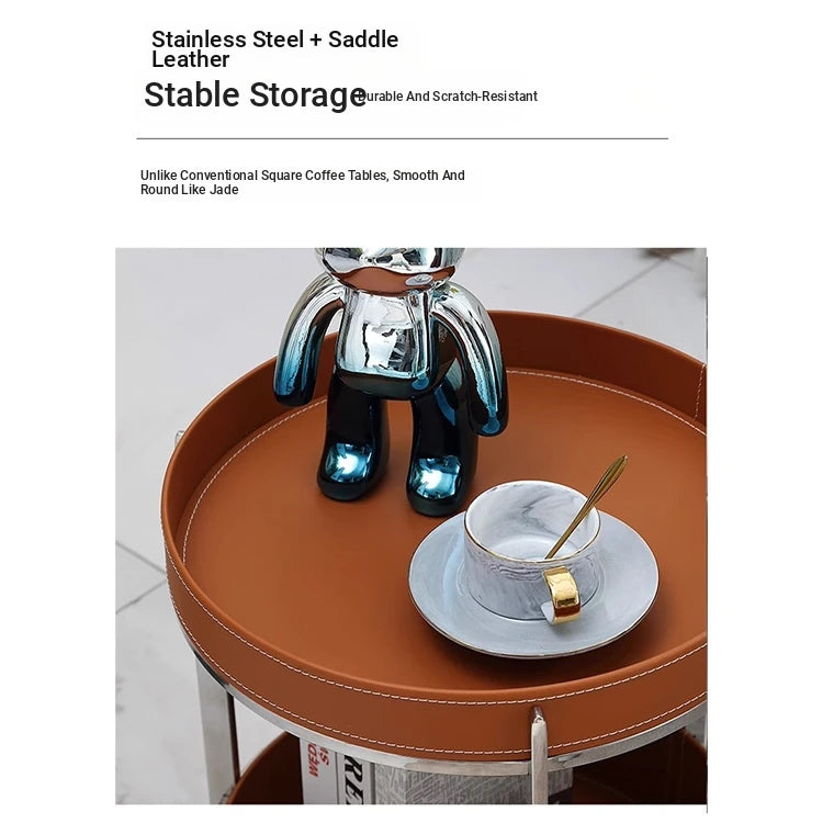 Stylish Two-Tier Round Tea Table in Synthetic Leather and Stainless Steel - Modern Home Decor Storage Solution hmx-5093