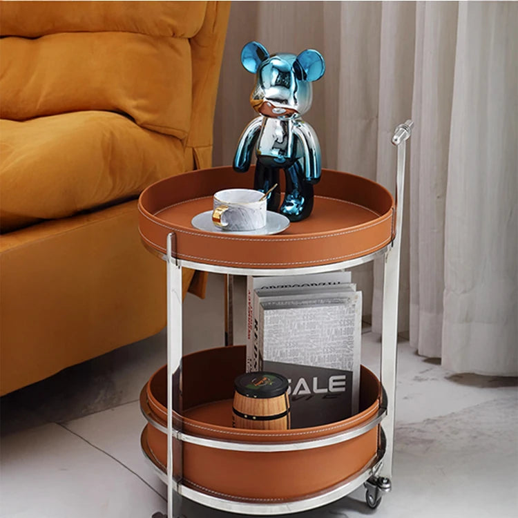 Stylish Two-Tier Round Tea Table in Synthetic Leather and Stainless Steel - Modern Home Decor Storage Solution hmx-5093