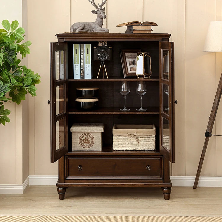 Elegant Solid Wood Pine Cabinet with Glass Doors - Multi-layer Design for Stylish Storage and Display hmy-5000