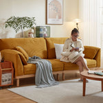 Crafted Comfort Corduroy Sofa: Goose Down Cushions in Beige, Yellow, Khaki, Green & Fog Blue with Oak & Pine Wood Finish hmyf-1271