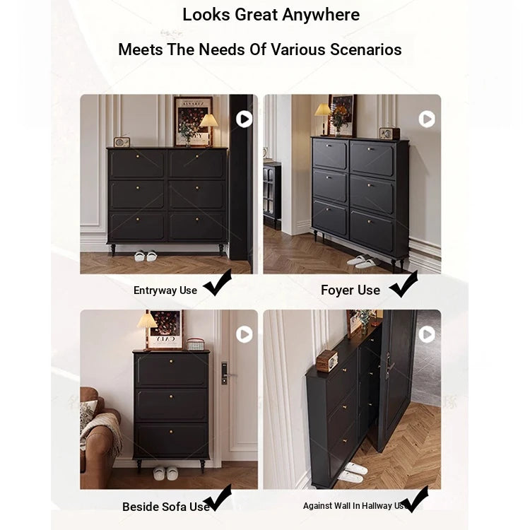 Stylish Mid-Century Shoe Cabinet in Classic Black - Elegant Storage Solution for Your Home hmz-4943
