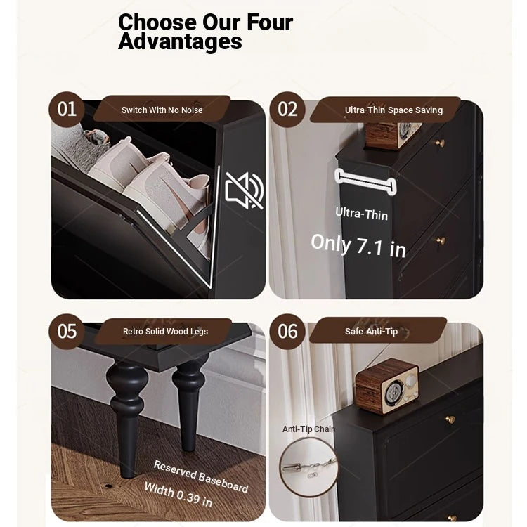 Stylish Mid-Century Shoe Cabinet in Classic Black - Elegant Storage Solution for Your Home hmz-4943