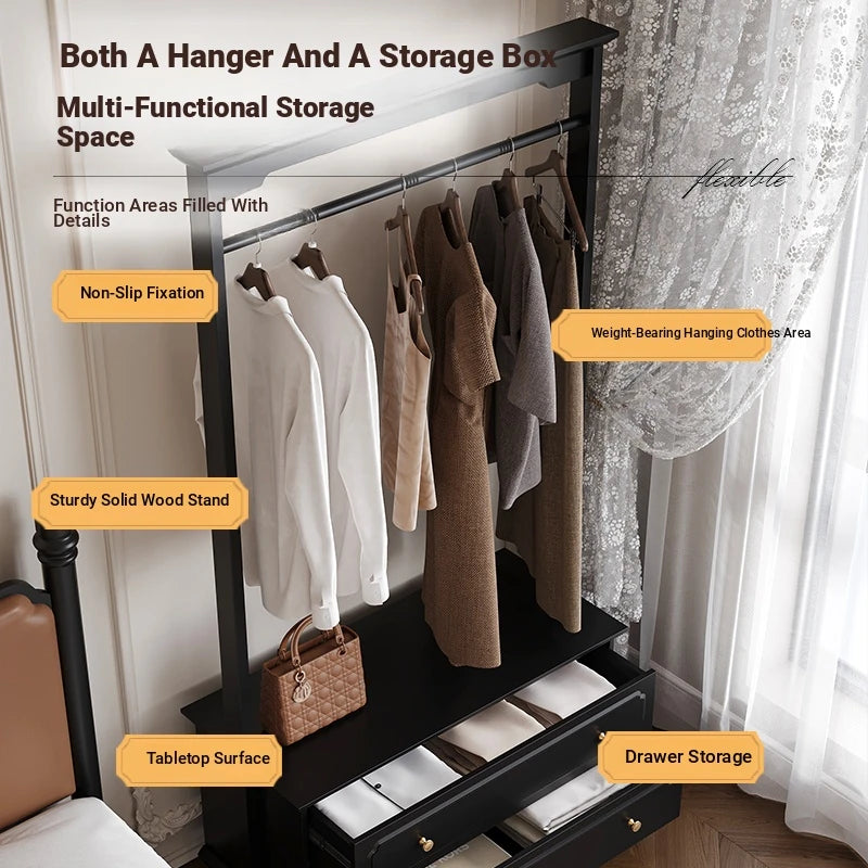 Chic Solid Wood Storage Rack with Hanging Rod and Drawer for Stylish Organization hmz-4949
