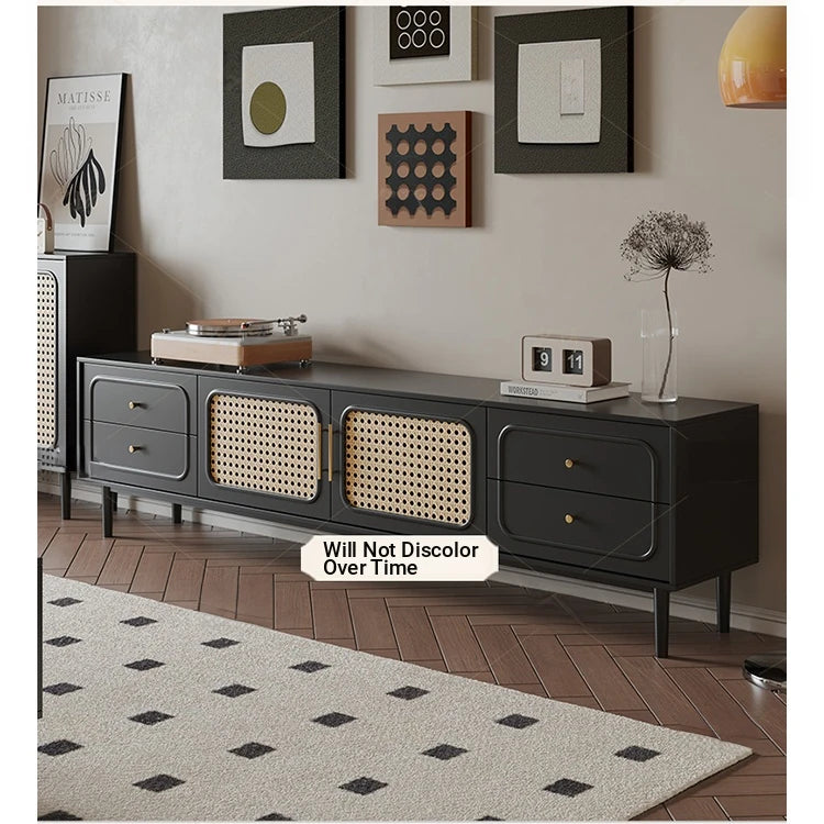 Stylish Solid Wood TV Cabinet with Tempered Glass and Elegant Rattan Design - Perfect for Modern Living Rooms! hmz-4951