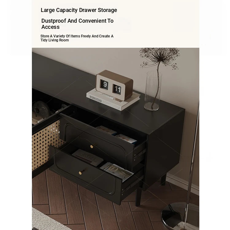 Stylish Solid Wood TV Cabinet with Tempered Glass and Elegant Rattan Design - Perfect for Modern Living Rooms! hmz-4951