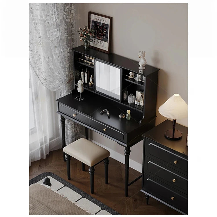 Elegant Solid Wood Makeup Table with Glass Mirror - Stylish Vanity with Spacious Storage for Beauty Essentials hmz-4960