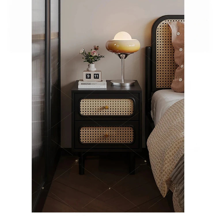 Stylish Solid Wood Bedside Cupboard with Tempered Glass Top – Elegant Two-Drawer Nightstand for Modern Bedrooms hmz-4961