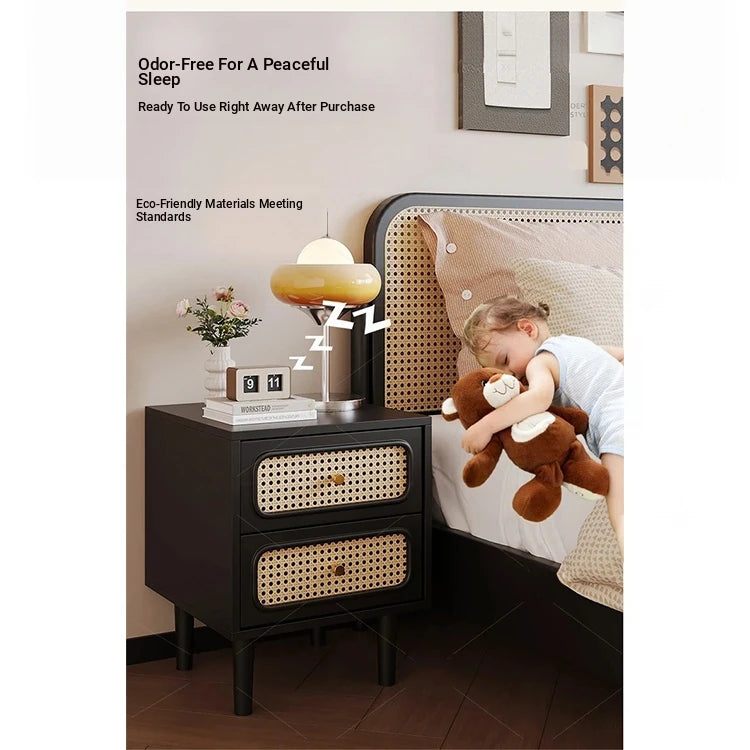 Stylish Solid Wood Bedside Cupboard with Tempered Glass Top – Elegant Two-Drawer Nightstand for Modern Bedrooms hmz-4961