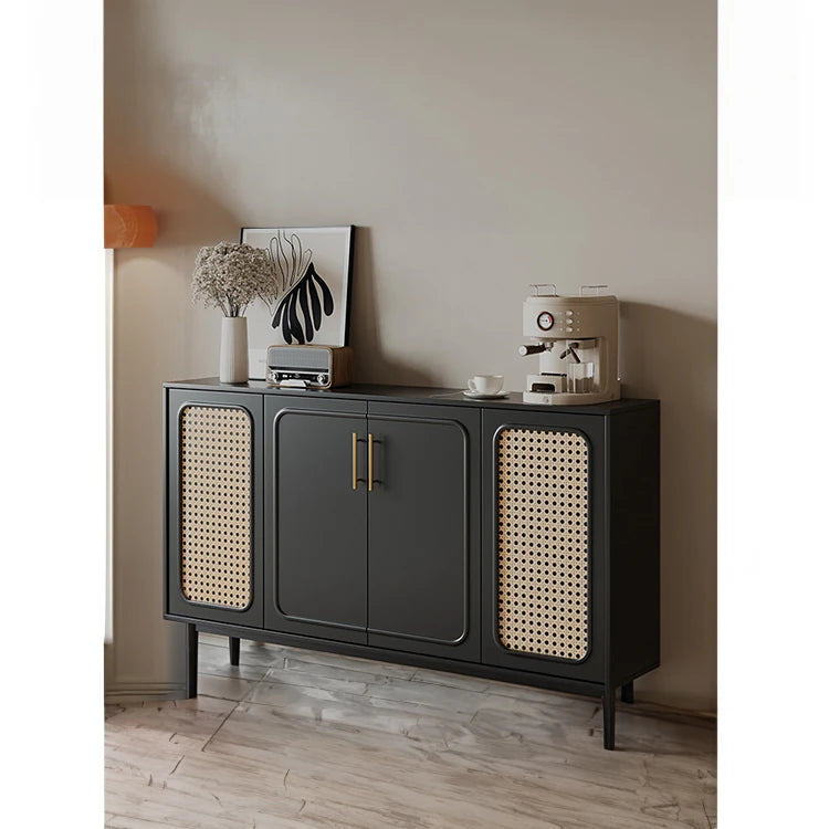 Sleek Solid Wood Cabinet with Tempered Glass Accents and Stylish Rattan Detail hmz-4962