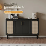 Sleek Solid Wood Cabinet with Tempered Glass Accents and Stylish Rattan Detail hmz-4962