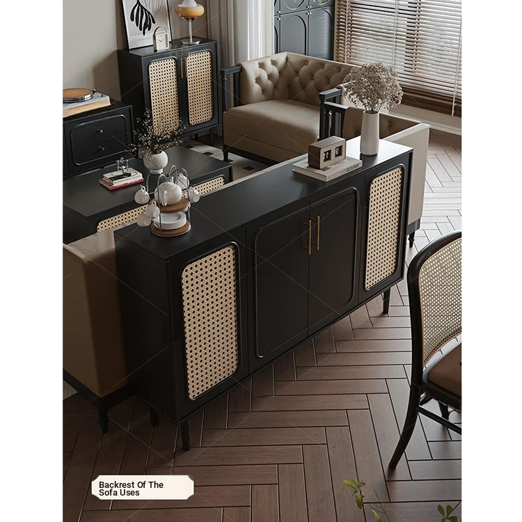 Sleek Solid Wood Cabinet with Tempered Glass Accents and Stylish Rattan Detail hmz-4962