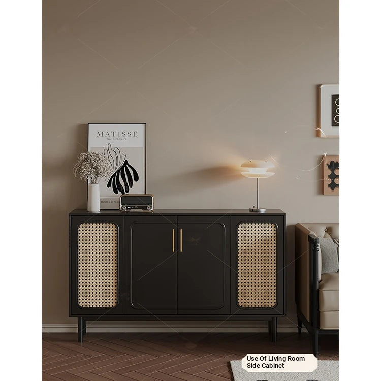 Sleek Solid Wood Cabinet with Tempered Glass Accents and Stylish Rattan Detail hmz-4962