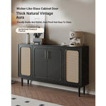 Sleek Solid Wood Cabinet with Tempered Glass Accents and Stylish Rattan Detail hmz-4962