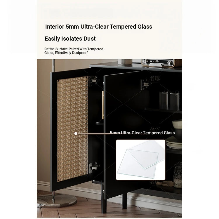 Sleek Solid Wood Cabinet with Tempered Glass Accents and Stylish Rattan Detail hmz-4962