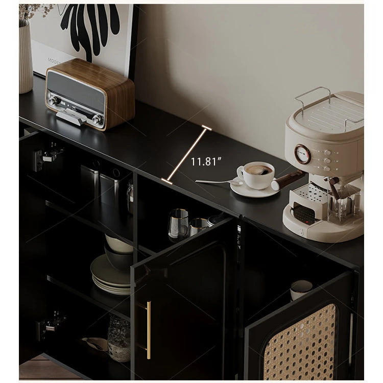 Sleek Solid Wood Cabinet with Tempered Glass Accents and Stylish Rattan Detail hmz-4962