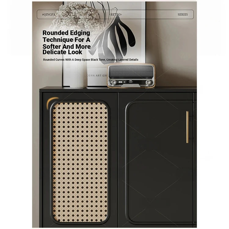 Sleek Solid Wood Cabinet with Tempered Glass Accents and Stylish Rattan Detail hmz-4962