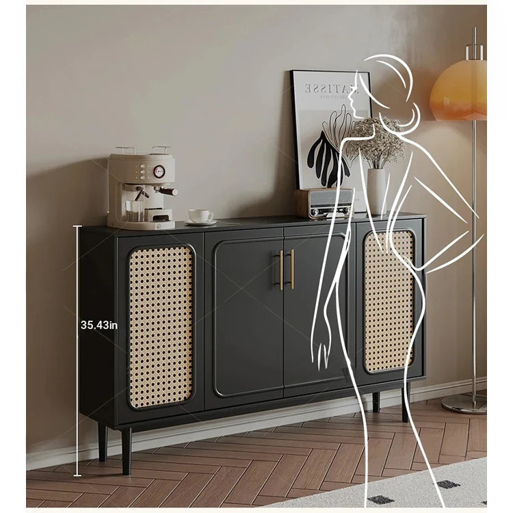 Sleek Solid Wood Cabinet with Tempered Glass Accents and Stylish Rattan Detail hmz-4962