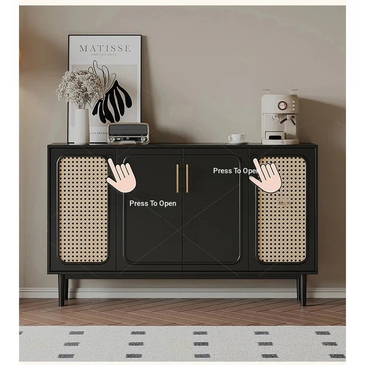 Sleek Solid Wood Cabinet with Tempered Glass Accents and Stylish Rattan Detail hmz-4962