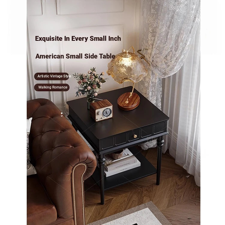 Chic Black Tea Table with Storage Drawer | Stylish Side Table for Living Room Decor hmz-4963