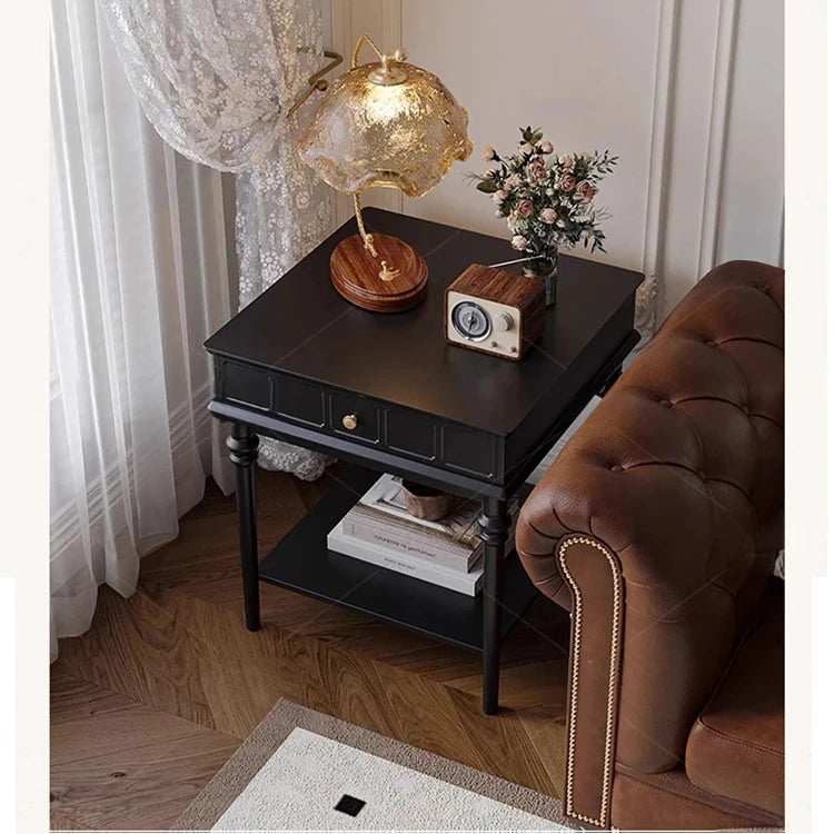 Chic Black Tea Table with Storage Drawer | Stylish Side Table for Living Room Decor hmz-4963